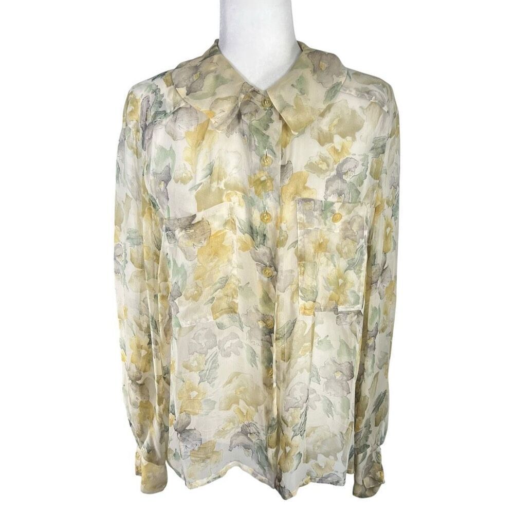 Jean-Louis Scherrer Women's Multicolor Floral Button Silk Blouse XLarge Vintage
